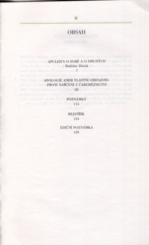 Apuleius: APOLOGIE ANEB VLASTNÍ OBHAJOBA PROTI NAŘČENÍ Z ČARODĚJNICTVÍ