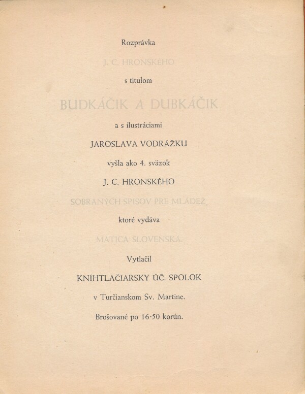 J.C. Hronský: BUDKÁČIK A DUBKÁČIK