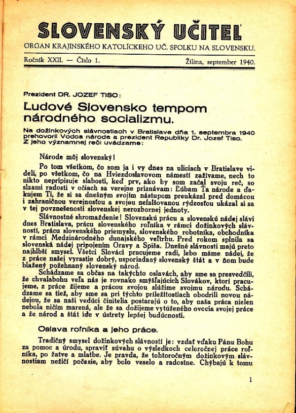 SLOVENSKÝ UČITEĽ - ROČNÍK XXII. 1940-41 s prílohou Meštianska škola