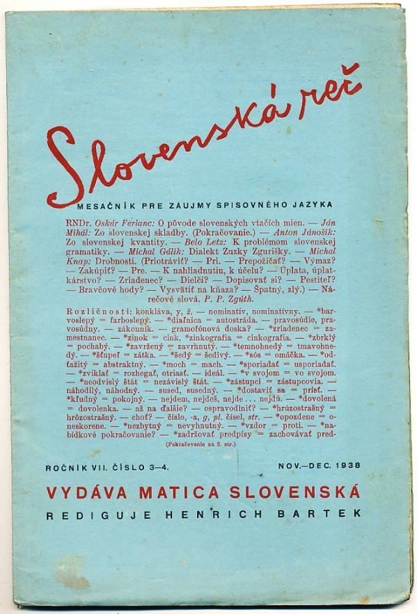 Henrich Bartek a kolektív: SLOVENSKÁ REČ - ROČ. VII. - ČÍSLO 3-4 - NOV-DEC 1938