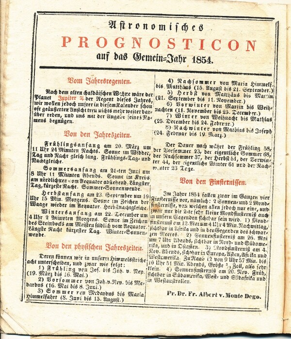 SCHREIB-KALENDER AUF DAS JAHR NACH DER GEBURT JESU CHRISTI 1854