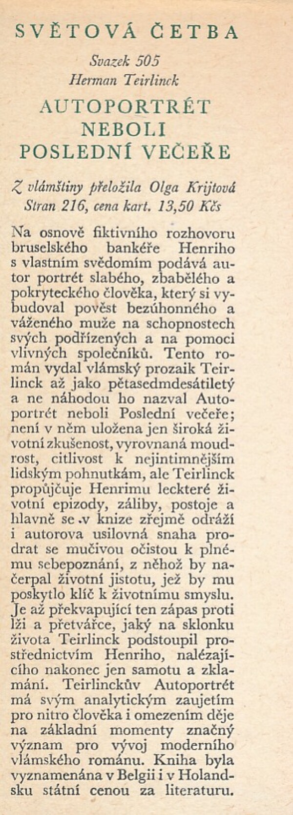 Herman Teirlinck: AUTOPORTRÉT NEBOLI POSLEDNÍ VEČEŘE