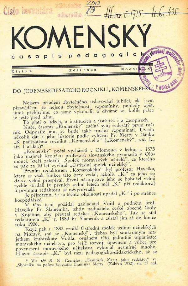 Norbert Černý a kolektív: KOMENSKÝ - ČASOPIS PEDAGOGICKÝ - ROČ. LXI. (1933-34) Č.1-10