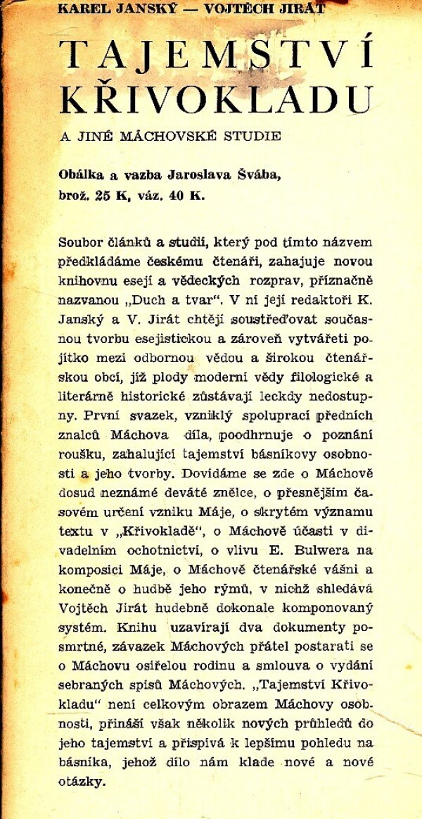 Karel Janský, Vojtěch Jirát: TAJEMSTVÍ KŘIVOKLADU