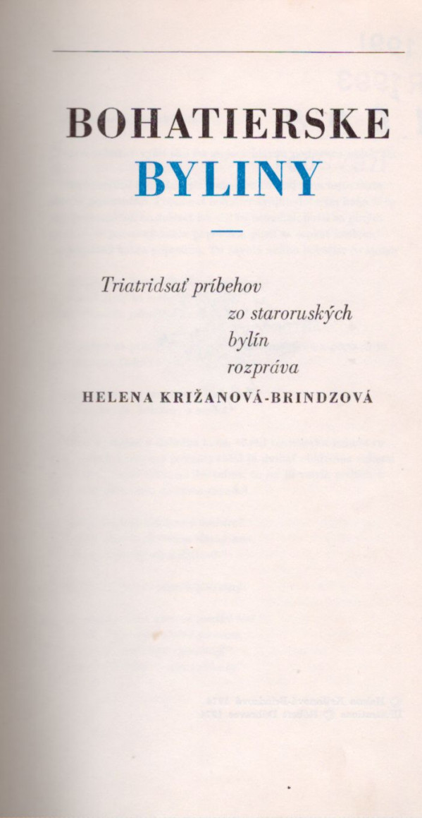 Helena Križanová-Brindzová: BOHATIERSKE BYLINY
