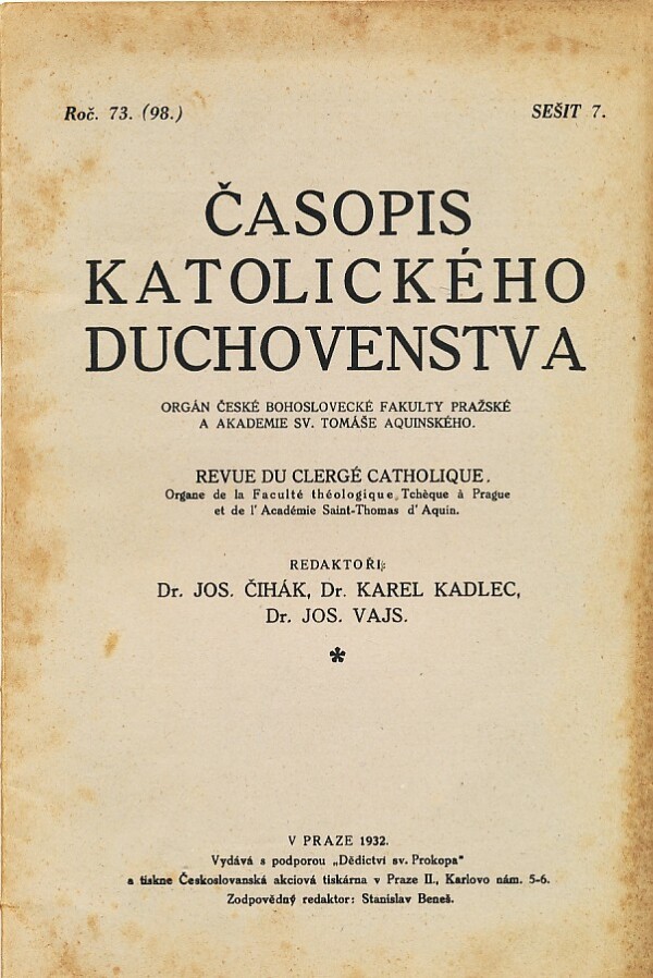 J. Čihák, kol: ČASOPIS KATOLICKÉHO DUCHOVENSTVA ROČ. 73, SEŠIT 7