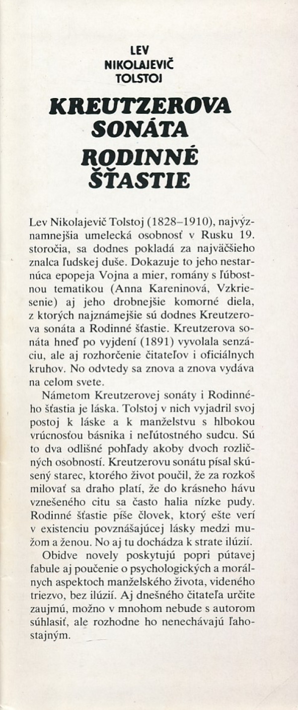 Lev Nikolajevič Tolstoj: KREUTZEROVA SONÁTA. RODINNÉ ŠŤASTIE