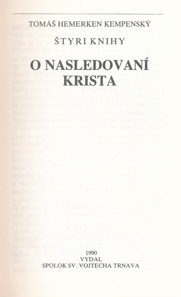 Tomáš Hemerken Kempenský: ŠTYRI KNIHY O NASLEDOVANÍ KRISTA