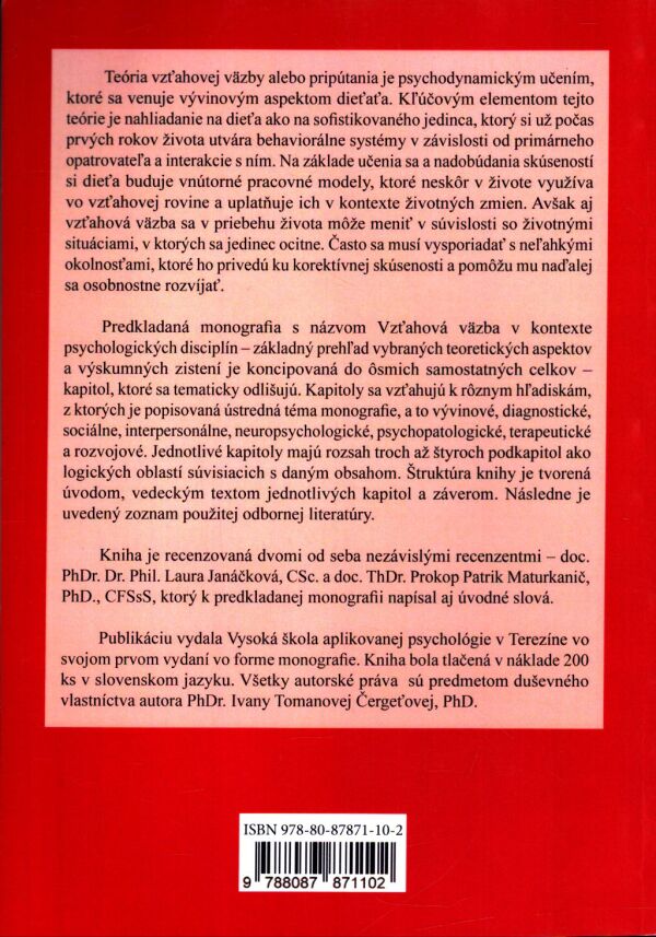 Ivana Tomanová Čergeťová: VZŤAHOVÁ VÄZBA V KONTEXTE PSYCHOLOGICKÝCH DISCIPLÍN