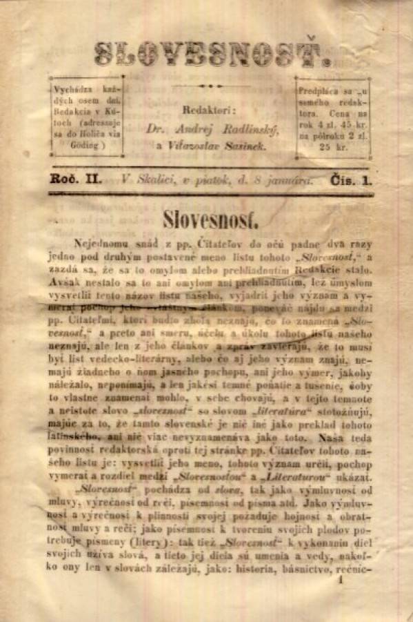 Andrej Radlinský, František Víť. Sasinek: SLOVESNOSŤ - II. ROČNÍK 1864