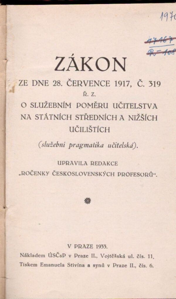 ZÁKON O SLUŽEBNÍM POMĚRU UČITELSTVA NA STÁTNÍCH STŘEDNÍCH A