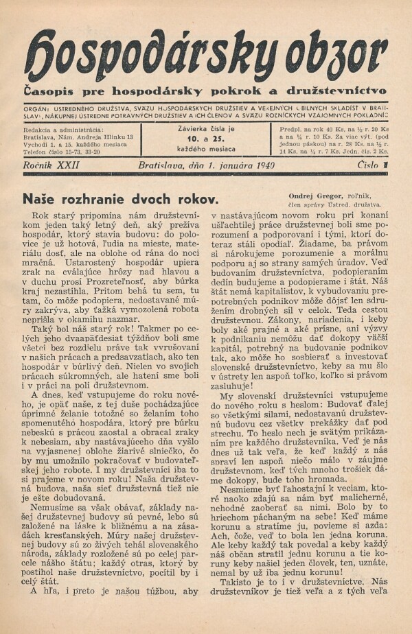 HOSPODÁRSKY OBZOR ROČNÍK XXII. 1940