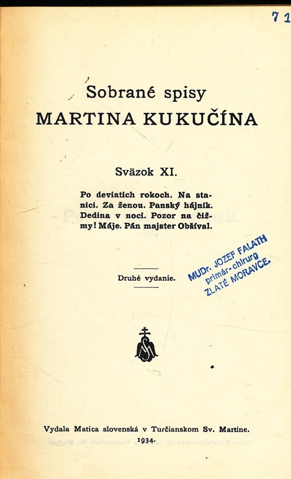 Martin Kukučín: PO DEVIATICH ROKOCH. NA STANICI. ZA ŽENOU. A INÉ