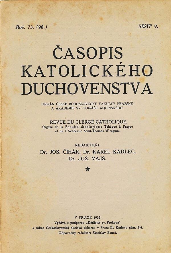 J. Čihák, kol: ČASOPIS KATOLICKÉHO DUCHOVENSTVA ROČ. 73, SEŠIT 9