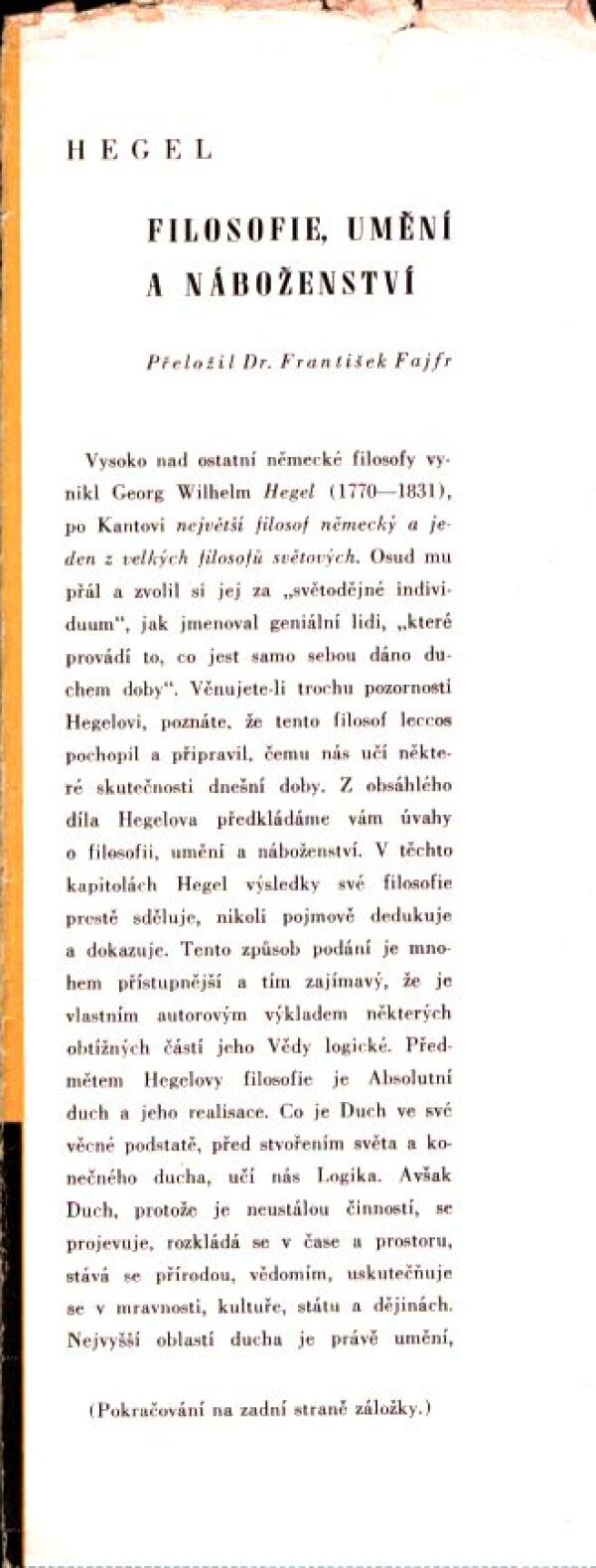G.W.F. Hegel: FILOSOFIE, UMĚNÍ A NÁBOŽENSTVÍ