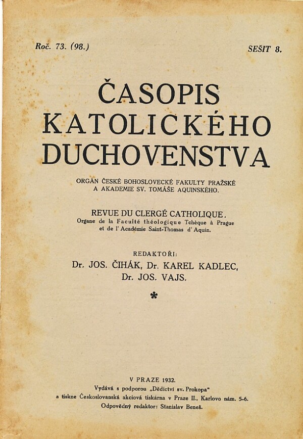 J. Čihák, kol: ČASOPIS KATOLICKÉHO DUCHOVENSTVA ROČ. 73, SEŠIT 8