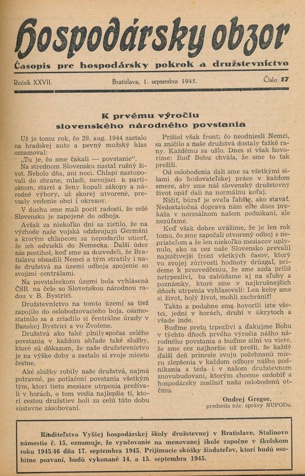 HOSPODÁRSKY OBZOR ROČNÍK XXVII. 1945