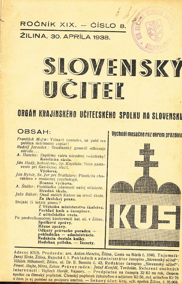 SLOVENSKÝ UČITEĽ - ROČNÍK XIX. Č.8 - ROČNÍK XX. Č.10 1938/39