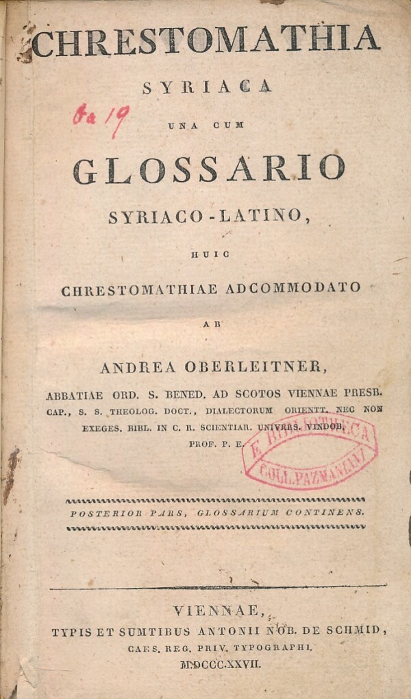 Andrea Oberleitner: CHRESTOMATHIA SYRIACA UNA CUM GLOSSARIO SYRIACO-LATINO