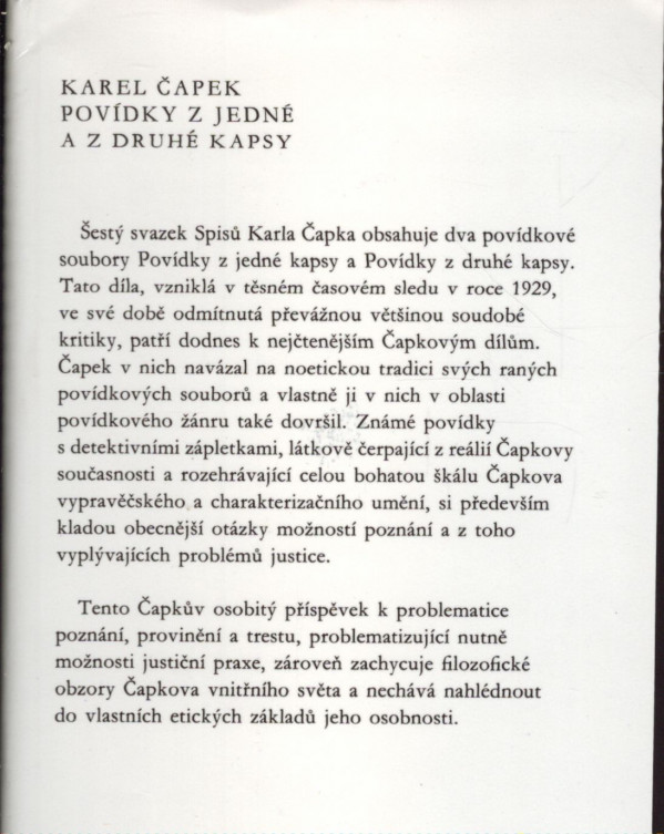 Karel Čapek: POVÍDKY Z JEDNÉ A Z DRUHÉ KAPSY