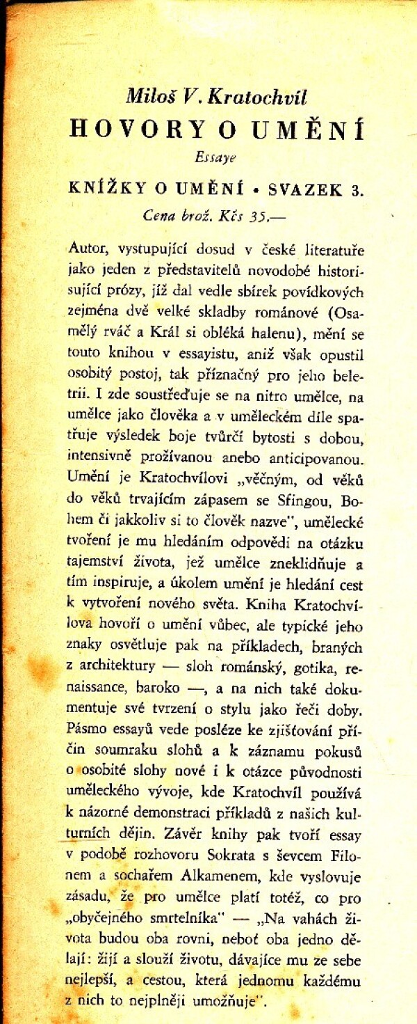 Miloš V. Kratochvíl: HOVORY O UMĚNÍ
