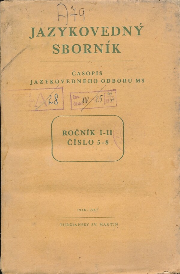 JAZYKOVEDNÝ SBORNÍK - ROČNÍK I-II, ČÍSLO 5-8, 1946-47