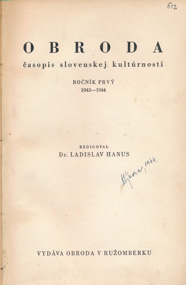 Ladislav Hanus: OBRODA - ROČNÍK I. 1943-1944