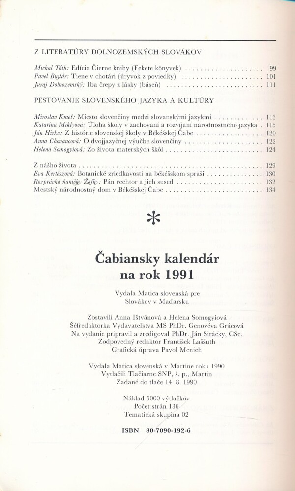 ČABIANSKY KALENDÁR NA ROK 1991