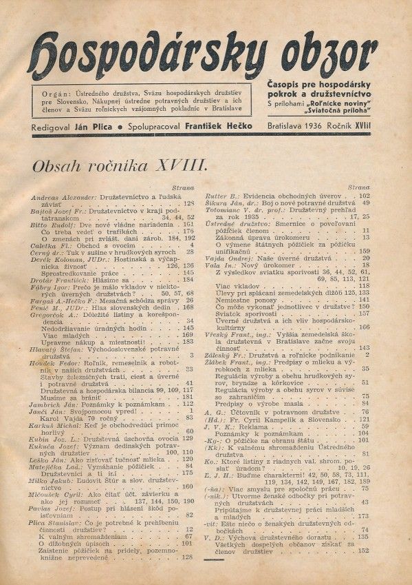 HOSPODÁRSKY OBZOR ROČNÍK XVIII. 1936