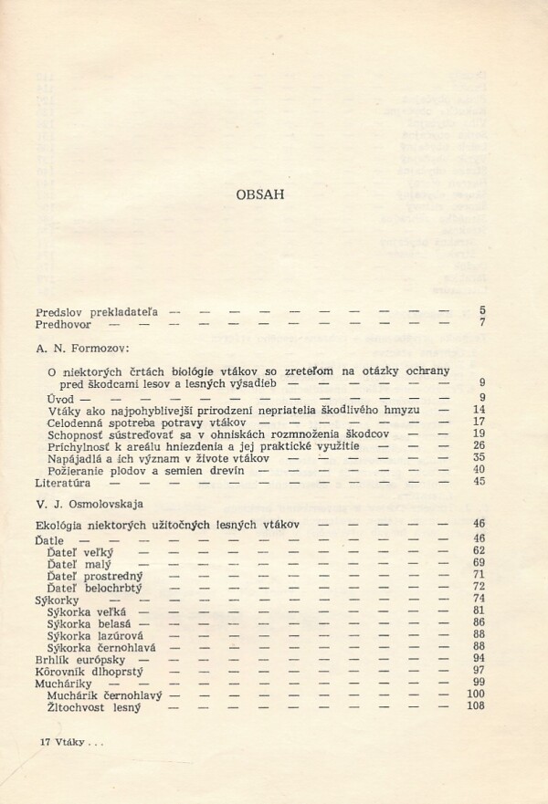 A. N. Formozov, V. I. Osmolovskaja, K. N. Plagosklonov: VTÁKY A ŠKODCOVIA LESA