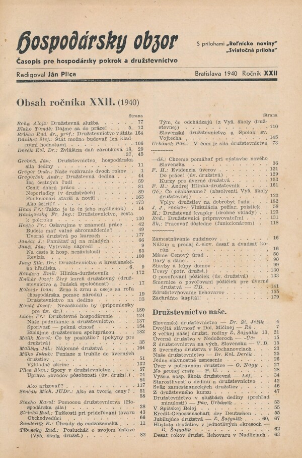 HOSPODÁRSKY OBZOR ROČNÍK XXII. 1940