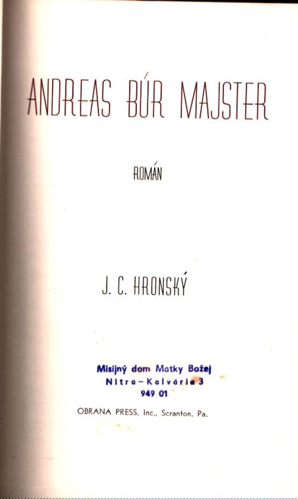 J. C. Hronský: ANDREAS BÚR MAJSTER